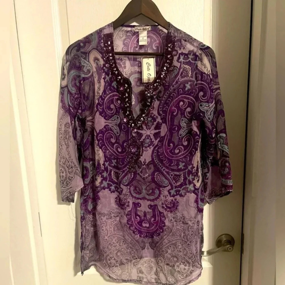 Sheer‎ Boho Purple Beaded Top Womens M